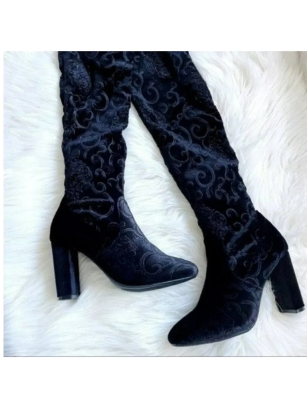 Black embroidered over the knee boots chunky block heel velvet